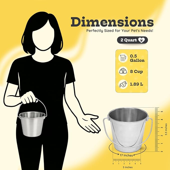 2 quart Heavy Duty Stainless Steel Round Bucket with Handle 4Pcs | 0.5gal Sturdy Food & Water Bowl for Small Birds Dog Cat & Livestock | Fits kennel Crate Cage Farm | Hanging Utility Pail