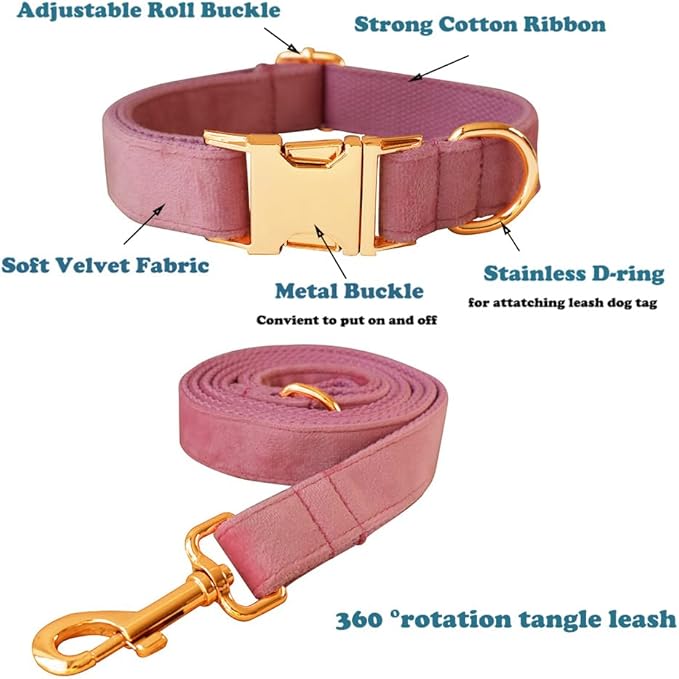 Love Dream Velvet Dog Collar and Leash Set, Soft & Comfy Adjustable Dog Leash and Collar with Heavy Duty Metal Buckle for Small Medium Large Dogs Training & Walking (Medium, Pink)