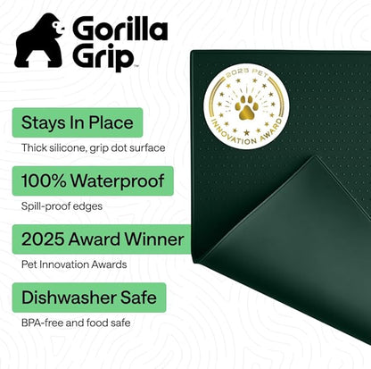 GORILLA GRIP 100% Waterproof Raised Edge BPA Free Silicone Pet Feeding Mat, Dog Cat Food Mats Contain Spills Protects Floors, Placemats for Cats and Dogs Water Bowl, Pets Accessories 18.5x11.5 Green