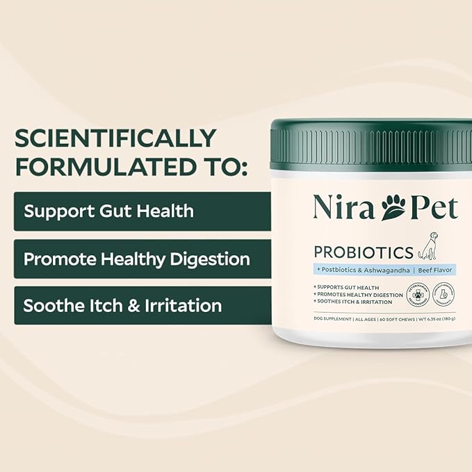 Nira Pet 5-in-1 Anti-Itch Probiotics for Dogs – 2 Strain Formula for Itching, Allergies and Gut Health with Colostrum, Postbiotics – 60 Beef Chews