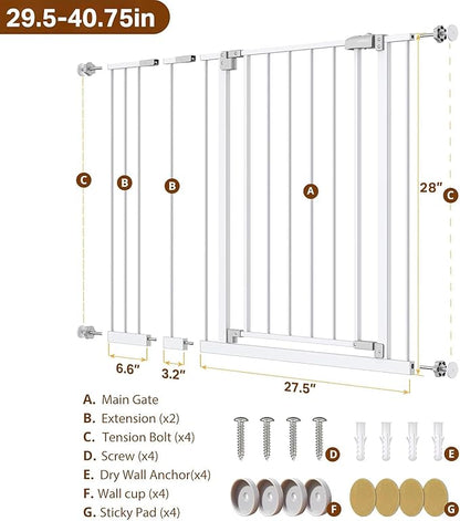 InnoTruth 29.5–40.75" Baby Gate for Stairs, 28" Tall Dog Gates for Doorways & Hallways, Safety Gate for Kids & Pets, Pressure-Mounted Walk-Through with Dual Lock & 2-Way Swing, White