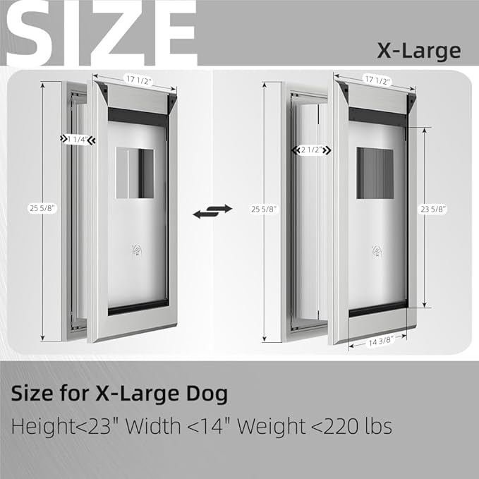 MAVRICFLEX Heavy Duty Dog Door for X-Large Dogs Up to 220LBS, Aluminum Frame Dog Door with Double Sliding Panel and 2 Soft Flaps, Easy to Install, Extra-Large, Matte Silver