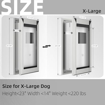 MAVRICFLEX Heavy Duty Dog Door for X-Large Dogs Up to 220LBS, Aluminum Frame Dog Door with Double Sliding Panel and 2 Soft Flaps, Easy to Install, Extra-Large, Matte Silver