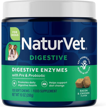 NaturVet – Digestive Enzymes - Plus Probiotics & Prebiotics – Helps Support Diet Change & A Healthy Digestive Tract – for Dogs & Cats (Soft Chews, 120 Count)