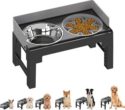 PAKEWAY Elevated Dog Bowls, Spill Proof, Tiltable Dog Feeder with 1 Slow Feeder Bowl &1 Stainless Steel Bowl, 6 Height Adjustable Raised Dog Bowls Stand for Medium Large Dogs