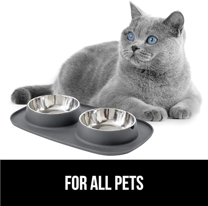 GORILLA GRIP Feeding Mat Bowl Set, 100% Waterproof BPA Free Silicone Base, 304 Stainless Steel Cat and Dog Bowls for Food and Water, Slip Resistant, High Edge, US Designed, Patent Pending, 1 Cup Gray
