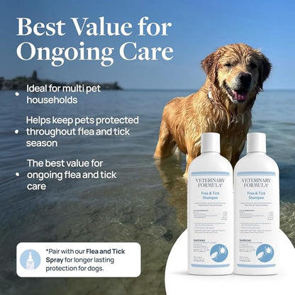Veterinary Formula Flea and Tick Shampoo for Dogs and Cats, Flea and Tick Control Formula Helps Soothe Itchy Skin While Cleansing, Paraben, Dye, and Soap Free, 2 Pack, 16 fl oz Each