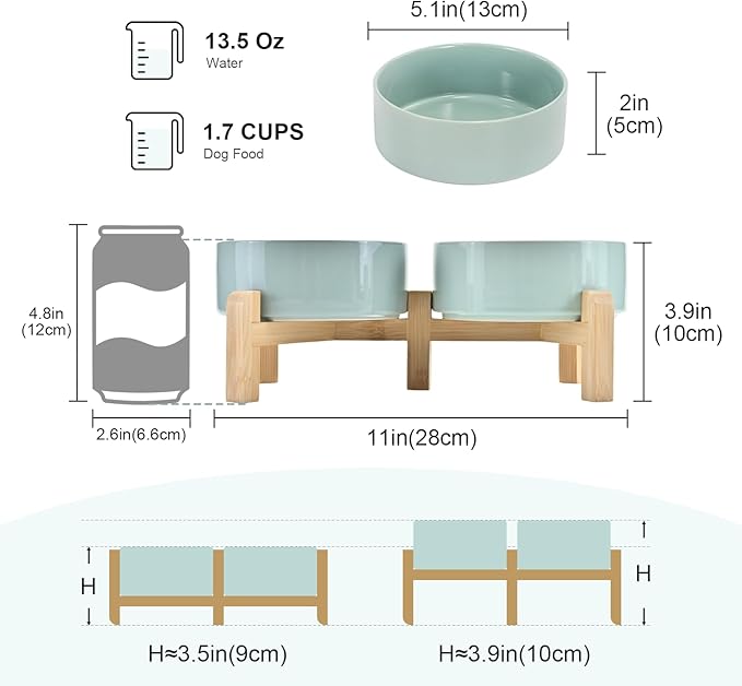 SPUNKYJUNKY Elevated Dog Bowls Ceramic, 5.1'' Dogs and Cat Food Water Bowls Raised with Non-Slip Bamboo Stand for Puppy Small Sized Breed Microwave Dishwasher Safe - 13.5 OZ,Light Green