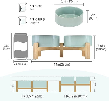 SPUNKYJUNKY Elevated Dog Bowls Ceramic, 5.1'' Dogs and Cat Food Water Bowls Raised with Non-Slip Bamboo Stand for Puppy Small Sized Breed Microwave Dishwasher Safe - 13.5 OZ,Light Green