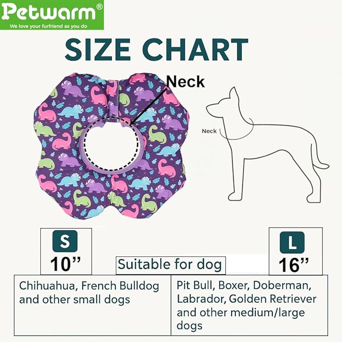 PetWarm Recovery Collar for Dogs, Dog Recovery Collar, Lightweight Pet Neck Protector with Memory Foam Padding, Gentle No-Lick Flower Design for Calm Rest and Travel, Dinosaur Print, Purple, L