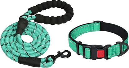 Taglory 16-24" Length, 1" Wide Dog Collar and Leash Set, 1/2" x 6 FT Highly Reflective Threads Dog Leash for Medium and Large Dogs,Turquoise