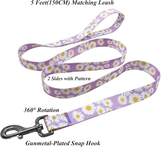Dog Collar Leash Set, Floral Pattern, Polyester Material, Adjustable Collar and 5ft Matchcing Leash, for Puppy Dogs.(XS, Light Purple Daisy)