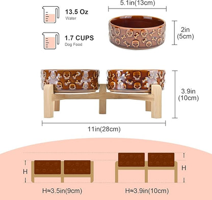 SPUNKYJUNKY Elevated Dog Bowls Ceramic, 5.1'' Dogs and Cat Food Water Bowls Raised with Non-Slip Bamboo Stand for Puppy Small Sized Breed Microwave Dishwasher Safe - 13.5 OZ,Skull Bronze