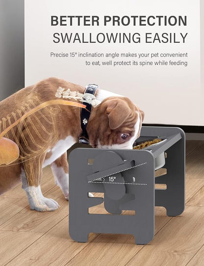 Vantic Elevated Dog Bowls, Adjustable Raised Dog Bowl Stand for Small Puppy and Cats, Sturdy Bamboo Pet Food Feeder with 2 Stainless Steel Dishes, Gray