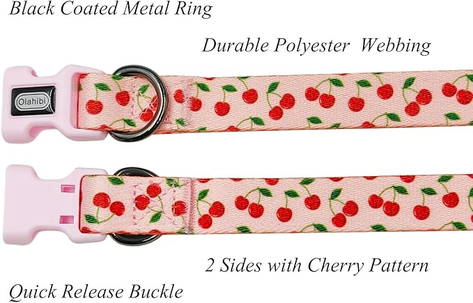 Dog Collar and Leash Set, Cherry Pattern, Polyester Material, 5ft Leash, for Small Dogs.(Small,Pink Cherry)