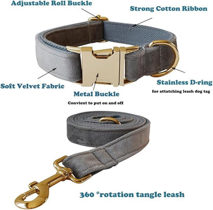 Love Dream Velvet Dog Collar and Leash Set, Soft & Comfy Adjustable Dog Leash and Collar with Heavy Duty Metal Buckle for Small Medium Large Dogs Training & Walking (XLarge, Grey)