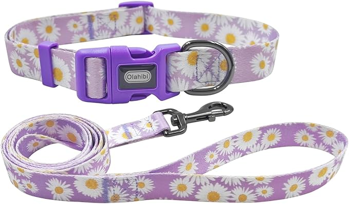 Dog Collar Leash Set, Floral Pattern, Polyester Material, Adjustable Collar and 5ft Matchcing Leash, for Puppy Dogs.(XS, Light Purple Daisy)