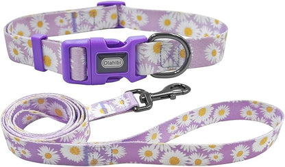 Dog Collar Leash Set, Floral Pattern, Polyester Material, Adjustable Collar and 5ft Matchcing Leash, for Small Dogs.(S, Light Purple Daisy)
