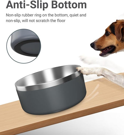 WENBOKMIN Dog Bowl, Stainless Steel Dog Food and Water Bowl with Non Slip Quiet Bottom, Easy to Clean, Dishwasher Safe, 64oz, Deep Grey