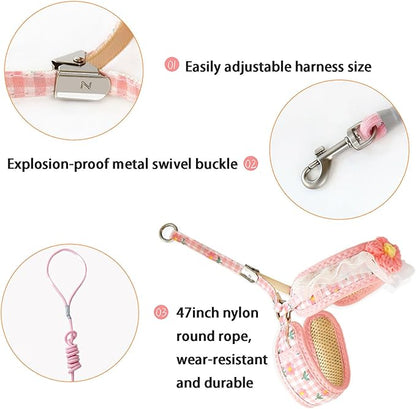 Cat Harness Collar and Leash Set, Sweet Lace Floral Kitten Collar, Escape Proof Puppy Chest Harness, Adjustable Cute Harness Leash Set for Cat Puppy Dog Outdoor Walking (Pink, M)