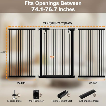 40.55" Walk Through Extra Tall Wide Baby Gates, 74.1"-76.7" Black Pressure Mounted Dog Gates