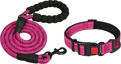 Taglory 16-24" Length, 1" Wide Dog Collar and Leash Set, 1/2" x 6 FT Highly Reflective Threads Dog Leash for Medium and Large Dogs,Hotpink