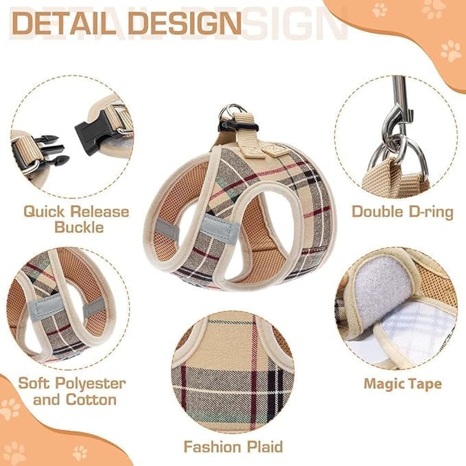 KOOLTAIL Dog Harness for Small Medium Dogs,Dog Harness and Leash Set, Step in No Pull Soft Mesh Padded Adjustable and Reflective Pet Vest Harness Puppy, Plaid Extra Harness for XS S Dogs, Beige XS