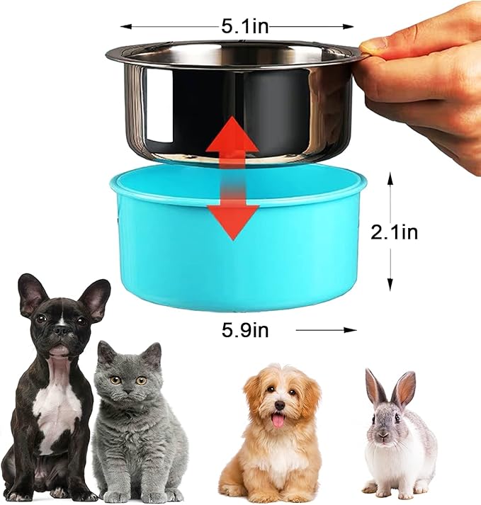 HERCOCCI Dog Crate Bowls, Removable Stainless Steel Pet Kennel Cage Hanging Food Bowls and Water Feeder Coop Cup Prevent Overflow for Puppy, Medium Dog, Cat, Rabbit, Ferret (3PCS)