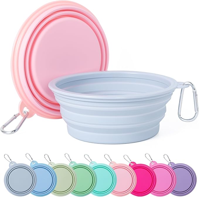 SLSON Collapsible Dog Bowl, 2Pack Macaron Color Pet Travel Bowls Silicone Foldable Water Feeder Dish for Small to Large Dogs Cat Walking Hiking Camping (Macaron Coral and Light Grey, Medium)