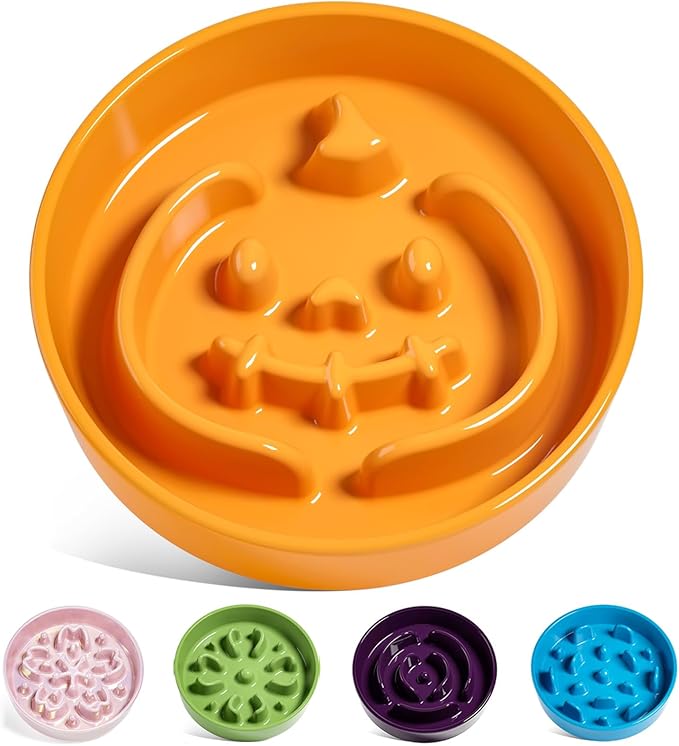 LE TAUCI Ceramic Slow Feeder Dog Bowls Small Breed, 0.6 Cups Dog Food Dish for Fast Eaters, Puzzle Bowl for Small Dogs and Cats,Pumpkin Orange