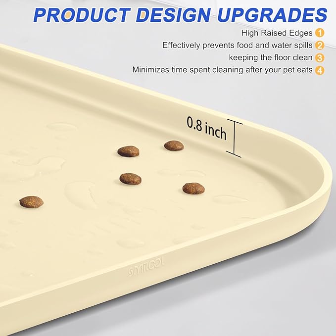 Silicone Pet Feeding Mat with Raised Edge for Food and Water, Dog Bowl Mats, Cat Bowls Placemat with High Lip for Floor Waterproof, Rubber Tray for Cats and Dogs 22 x 14 x 0.8 White Sand (Yellow Cast)
