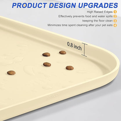Silicone Pet Feeding Mat with Raised Edge for Food and Water, Dog Bowl Mats, Cat Bowls Placemat with High Lip for Floor Waterproof, Rubber Tray for Cats and Dogs 22 x 14 x 0.8 White Sand (Yellow Cast)