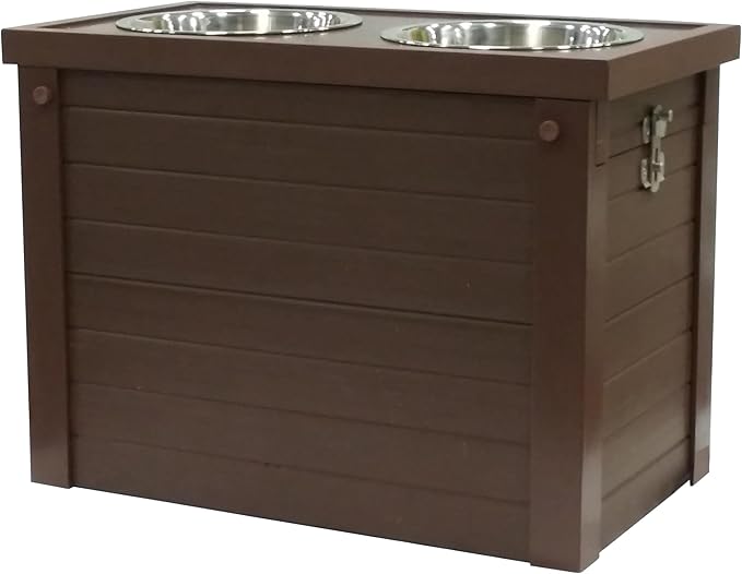 New Age Pet ECOFLEX Piedmont Fixed Height Elevated Dog Feeder in Brown, Two Bowl Design, Sliding Lid Storage, 32 oz Bowls, Space Efficient, 15-20 lbs Food Storage, Easy Clean