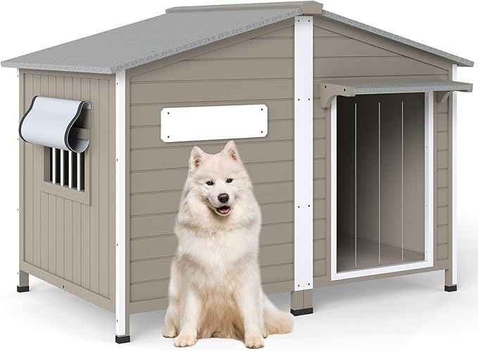 PetsCosset 55.1" L Large Dog House Outdoor & Indoor,Fir Wood Dog Kennel with Weatherproof Openable Asphalt Roof,Spacious Doghouse with Anti-Chewing Metal Edges for Small & Medium & Large Dogs,Grey