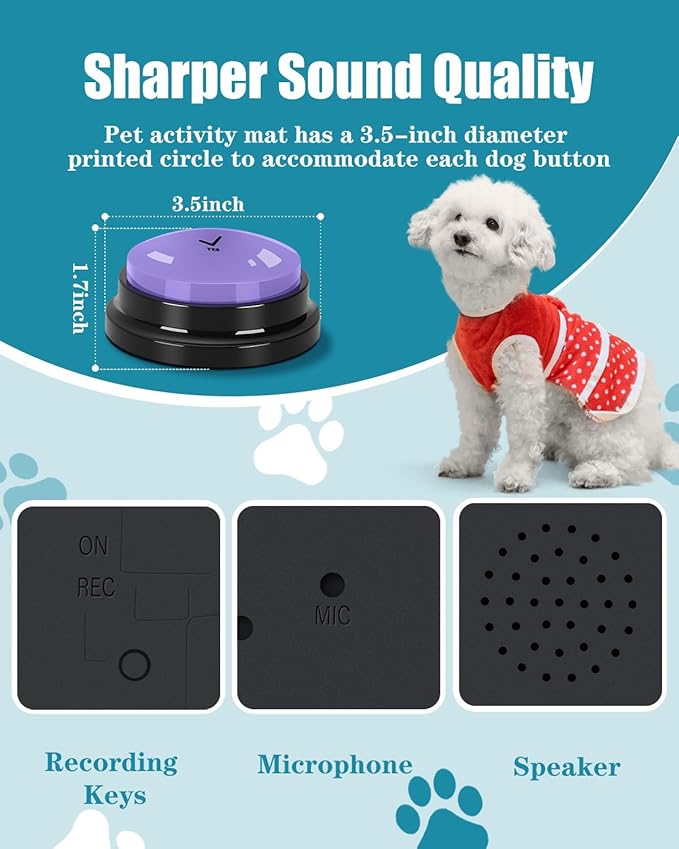 Dog Buttons for Communication, 9 Pcs Dog Talking Button Set, 30s Voice Recording Speaking Button Pet Speech Training Buzzers with 30 Scene Stickers and Waterproof Anti-Slip Mat for Animal Training