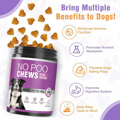 200 Chews No Poo Chews-No Poop Eating Deterrent for Dog-Coprophagia Deterrent for Dogs-Prevent Stop Dogs from Eating Poop Supplement with Digestive Enzymes&Probiotics-Breath Freshener-Chicken