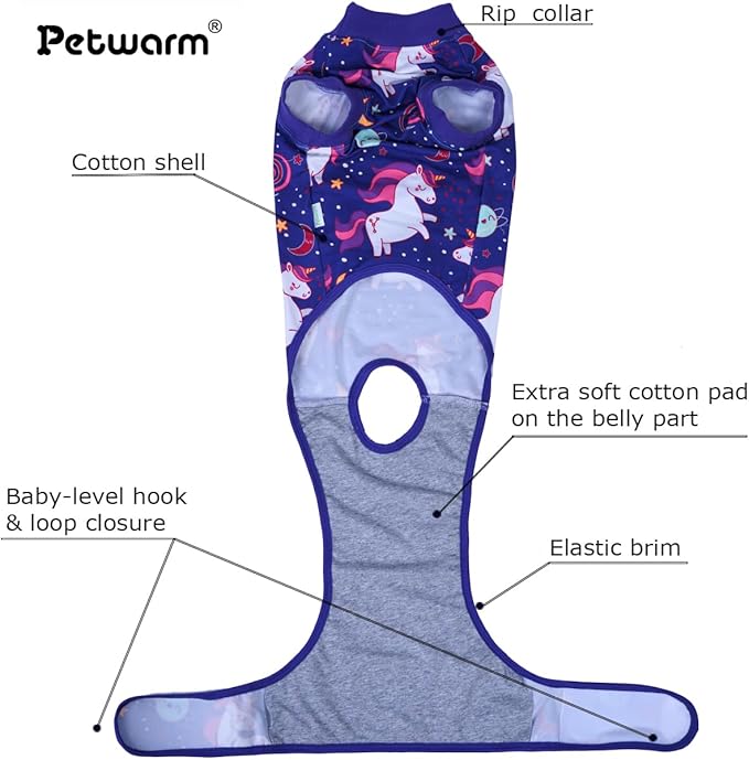 PetWarm Dog Surgical Suit, Dog Surgical Recovery Suit, Spay and Neuter, Prevents Licking After Surgery Onesie, Pet Recovery Suit for Dogs, Pet Recovery Shirt, Unicorn Pattern, Purple, 2XL