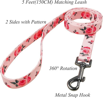 Dog Collar and Leash Set, Cute Rose Pattern, Polyester Material, 5ft Leash, for Large Dogs.(Large,Pink Rose)