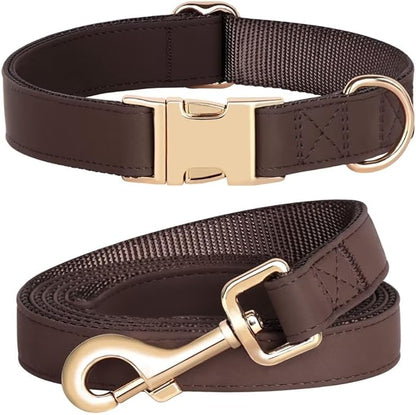 PET ARTIST Soft PU Leather Dog Collar and Leash Set, Bright & Stylish 5FT PU Leather Leash and Collar Set, Durable Pet Collars with Quick Release Metal Buckle for Medium Dogs,Brown,M(13-19")