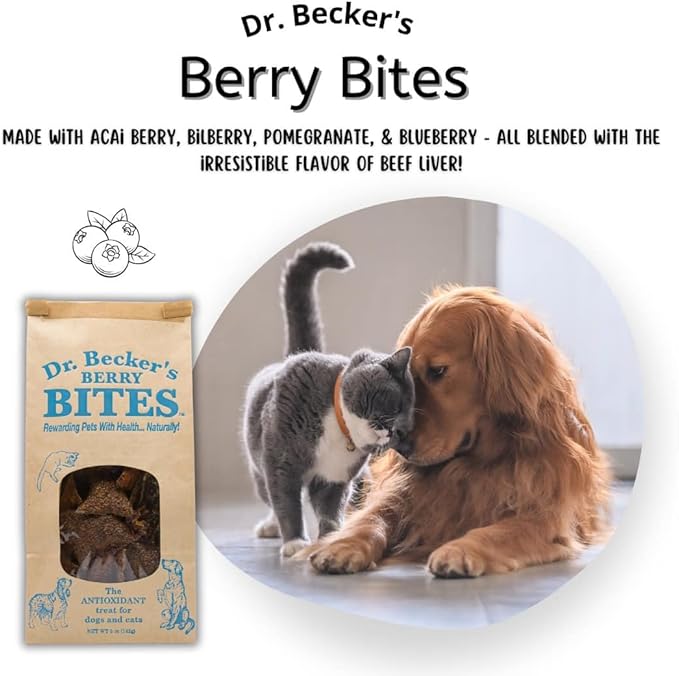 Dr. Becker's Berry Bites | Made from Acai Berry, Bilberry, Pomegranate, Blueberry | Grain Free Antioxidant Liver Training Treats for Dogs & Cats, 5 oz