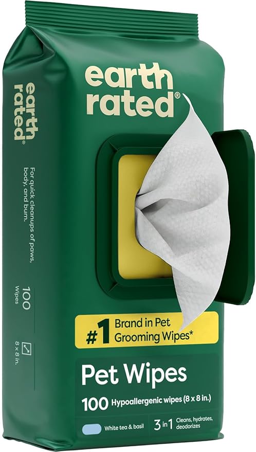 Earth Rated Pet Wipes for Dogs and Cats, Hypoallergenic, 3-in-1 Cleaning, Deodorizing and Hydrating, for Grooming Paws, Body and Butt, New White Tea and Basil Scent, 100 Count