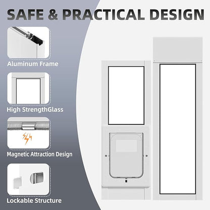 Dog Door for Sliding Glass Door with Magnetic Plastic Flat, Sliding Door Pet Doggie Door Insert with Lock, Adjustable Height No-Cut Required Doggy Door Access Renters, Apartments, Patio (White, M)