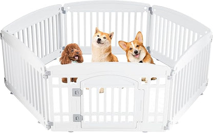 Sweetcrispy Plastic Dog Playpen, 6 Panels 24" Expandable & Durable Pet Fence for Medium Dogs - Indoor & Outdoor Portable Puppy Playpen with Secure Locking Door, White