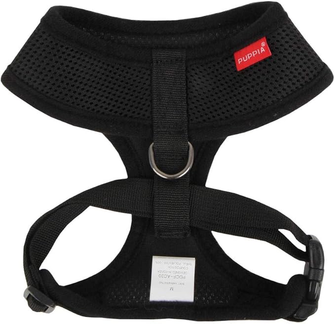 Puppia Soft Dog Harness No Choke Over-The-Head Triple Layered Breathable Mesh Adjustable Chest Belt and Quick-Release Buckle, Black, Large