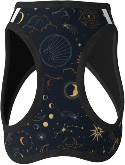 Dog Harness and Leash Set with Celestial Moon Star Pattern, Breathable Mesh Vest with Reflective Strips, Adjustable No Pull Pet Harness for Small Dogs and Cats Large