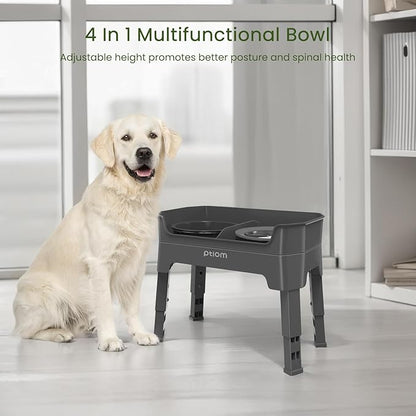 4-in-1 Elevated Slow Feeder Dog Bowls, 4 Height Adjustable Mess Proof Raised Dog Bowl Stand with No Spill Water Bowl, Stainless Steel Doggy Food Dish & Slow Feeder for Large Medium Small Pets
