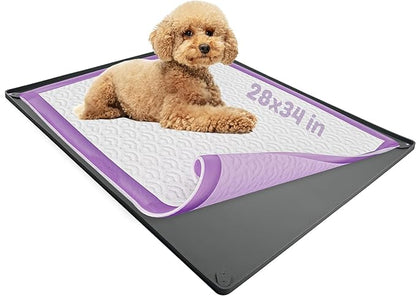 TidyFriend Puppy Pad Holder Tray Fits for 28” x 34” Pee Pads with Corner Lock Holes, Raised Edges, Non-Spill, Easy to Clean Silicone Puppy Potty Tray Holder, for Indoor Floor Protection (Grey)