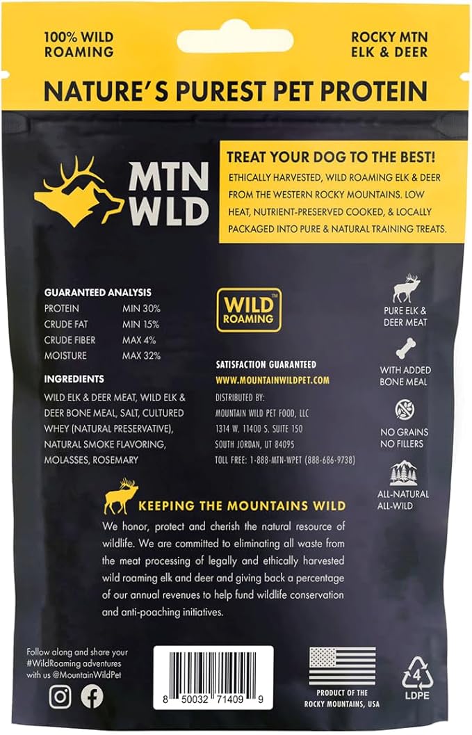 MOUNTAIN WILD Training Treats for Dogs & Puppies – Elk & Venison Protein Puppy & Dog Treat – High Value, All-Natural, No Fillers, Grain-Free, No Artificial Preservatives – 4oz, 3 Bags