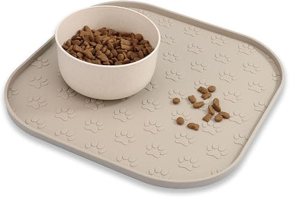 Pet Feeding Mat, Waterproof Anti-Slip Placemats for Dog Cat Bowl Silicone Pet Food Mat, Raised Edge Prevent Spills on Floor & Carpet, Dishwasher Safe (Beige, 11" x 11")