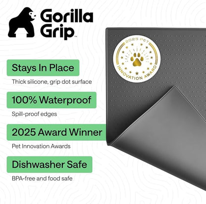 GORILLA GRIP 100% Waterproof Raised Edge BPA Free Silicone Pet Feeding Mat, Dog Cat Food Mats Contain Spills Protects Floors, Placemats for Cats and Dogs Water Bowl, Pets Accessories 23x15 Charcoal